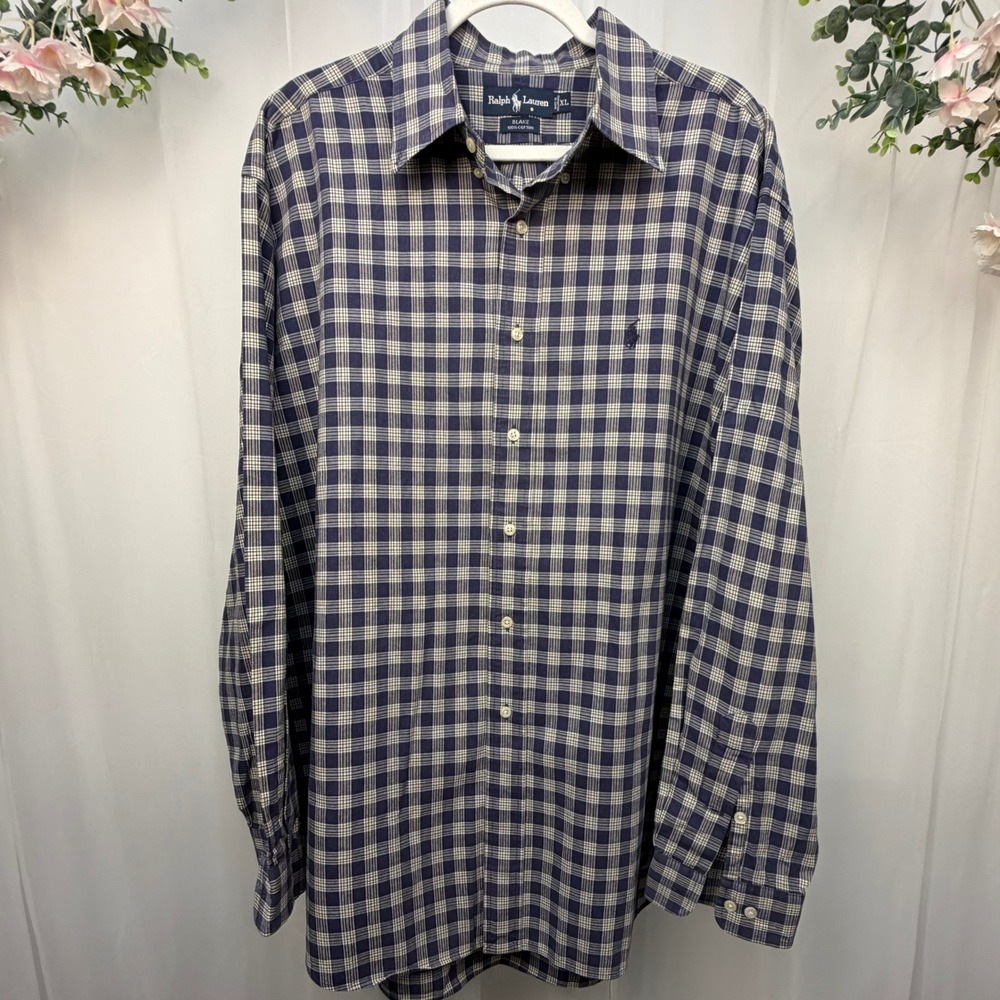Ralph Lauren Blake Shirt Mens XL Blue White Plaid Cotton Button Down Long Sleeve